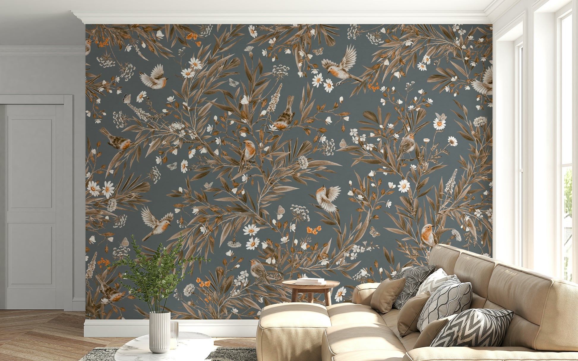 Charming botanical mural with birds resting on floral branches in pastel tones