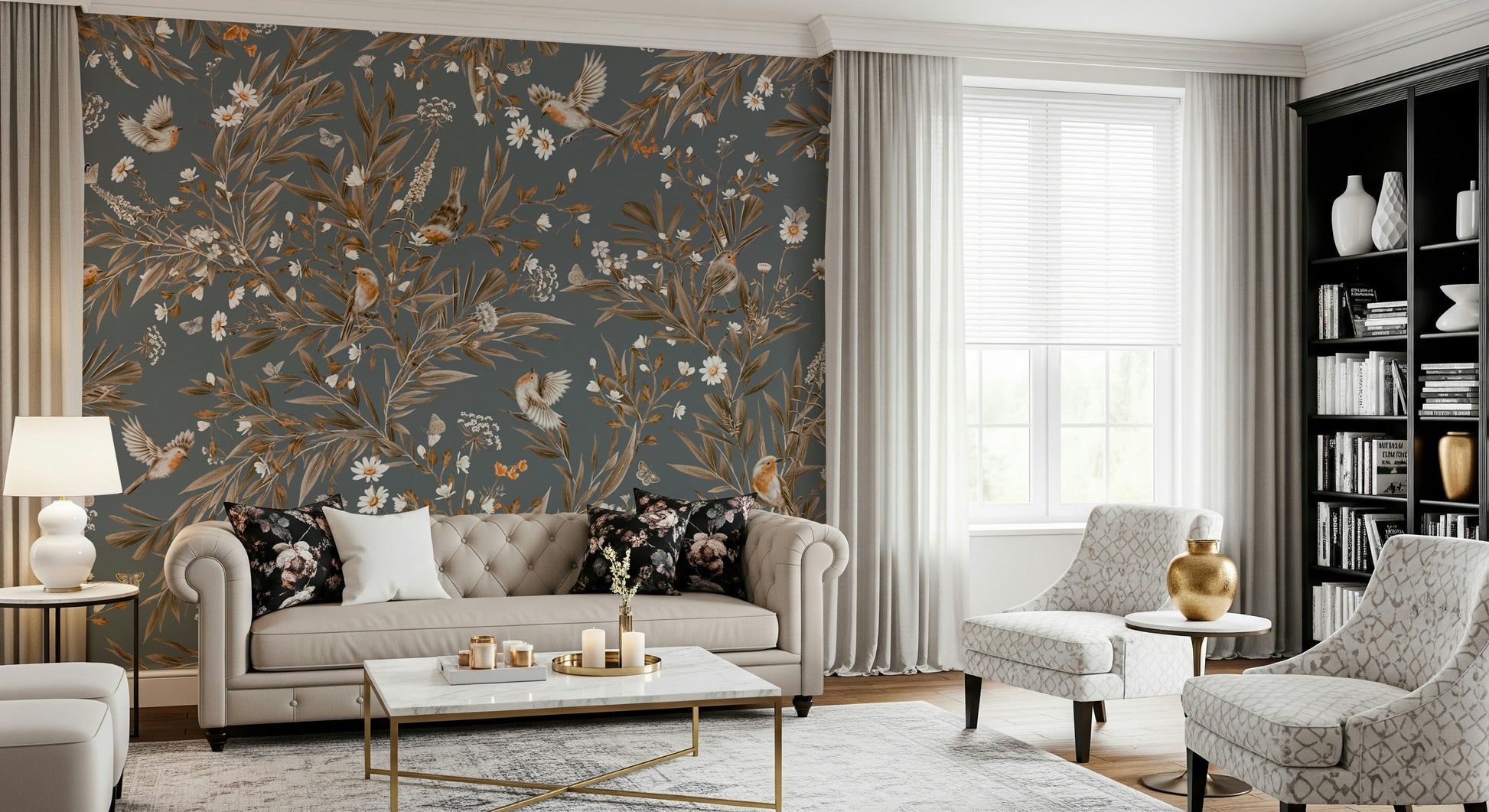 Soft watercolor mural of birds and flowers evoking calm and natural elegance