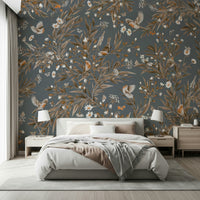 Peaceful wall mural with graceful birds surrounded by blooming flowers and soft greenery