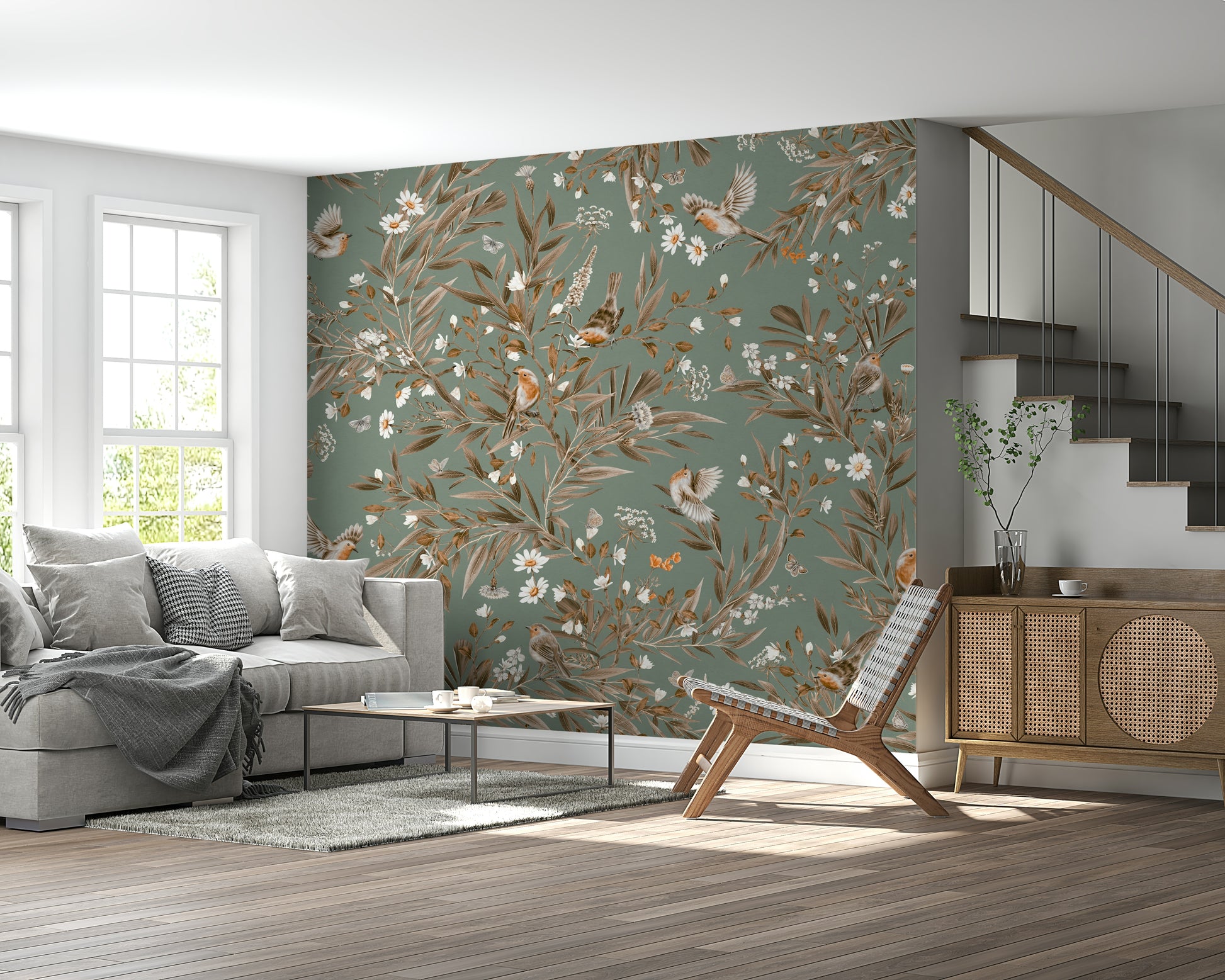 Artistic wall mural showcasing birds and blossoms in perfect natural harmony