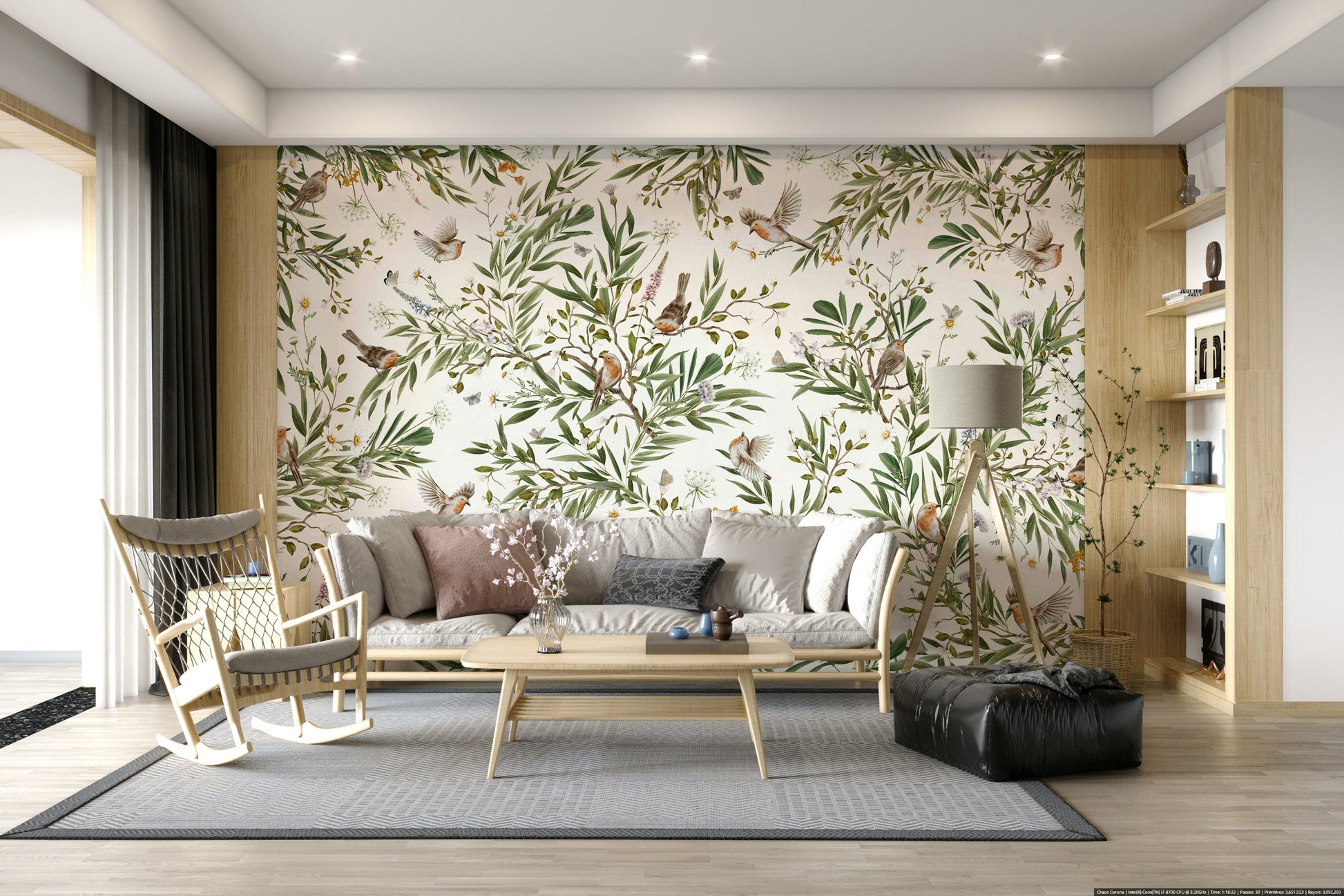 Tropical botanical wall mural with intricate bird and leaf patterns