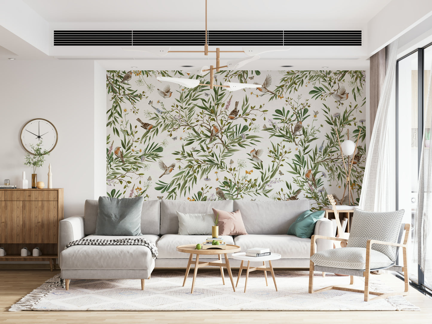 Serene aviary illustration with birds perched among lush rainforest flora