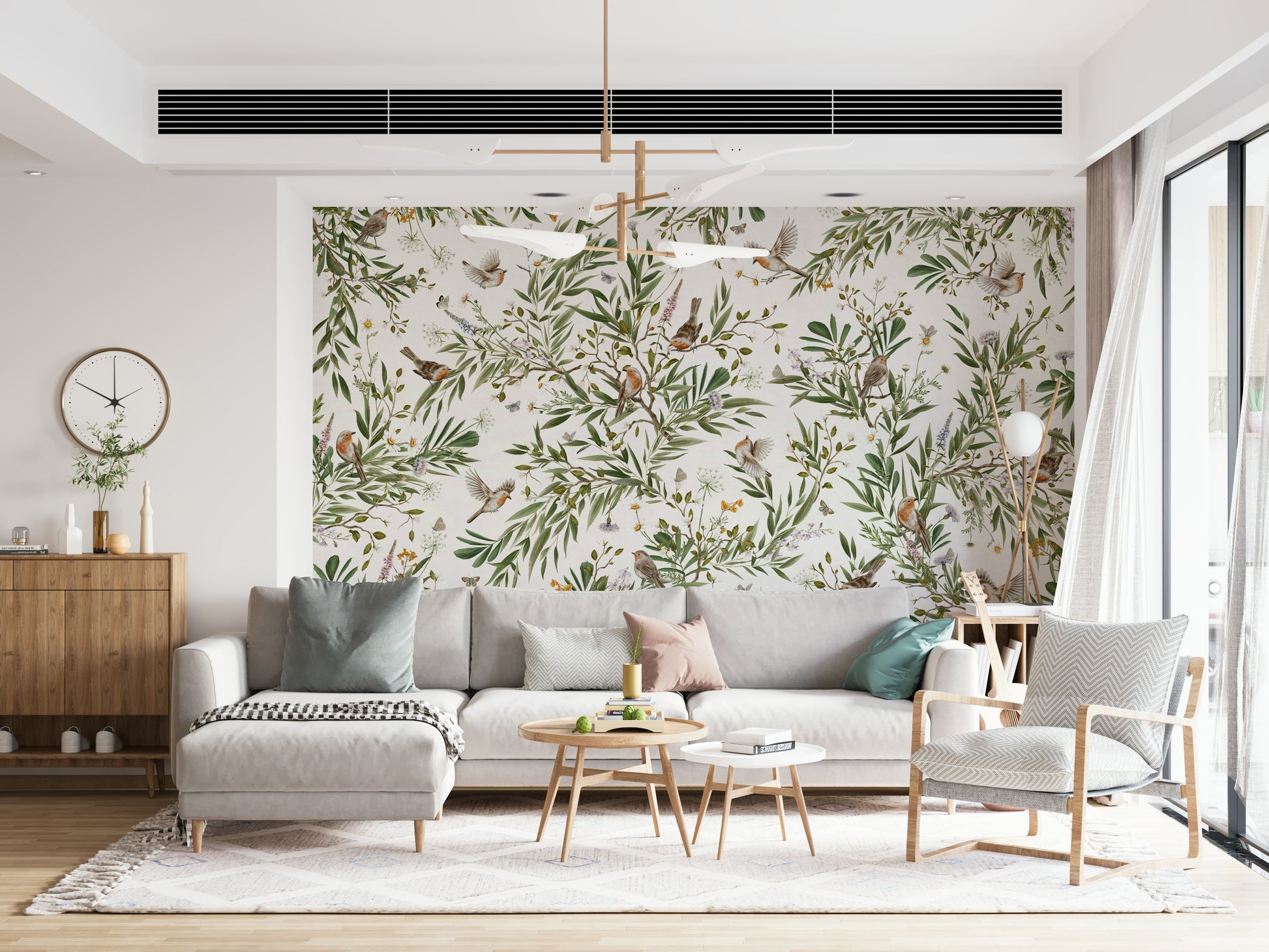 Serene aviary illustration with birds perched among lush rainforest flora