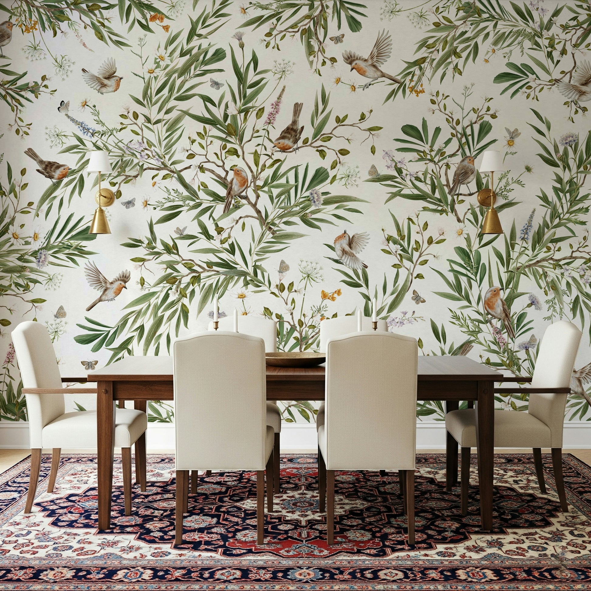 Lush botanical wall mural featuring exotic birds perched among vibrant tropical plants