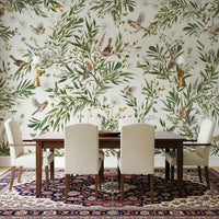 Lush botanical wall mural featuring exotic birds perched among vibrant tropical plants