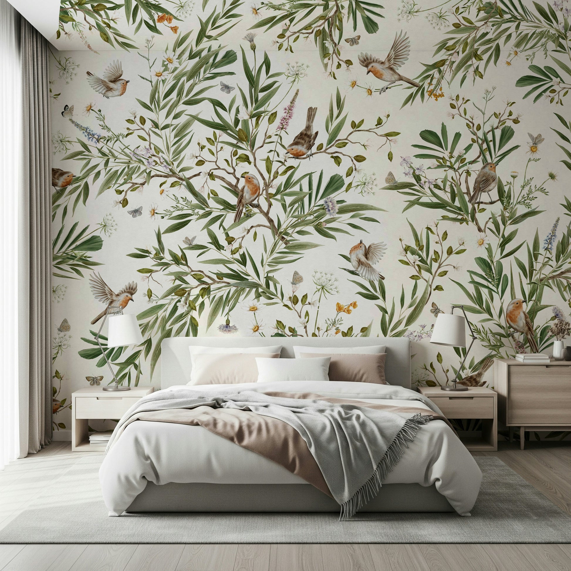 Whimsical jungle scene with colorful birds and vibrant foliage on the wall