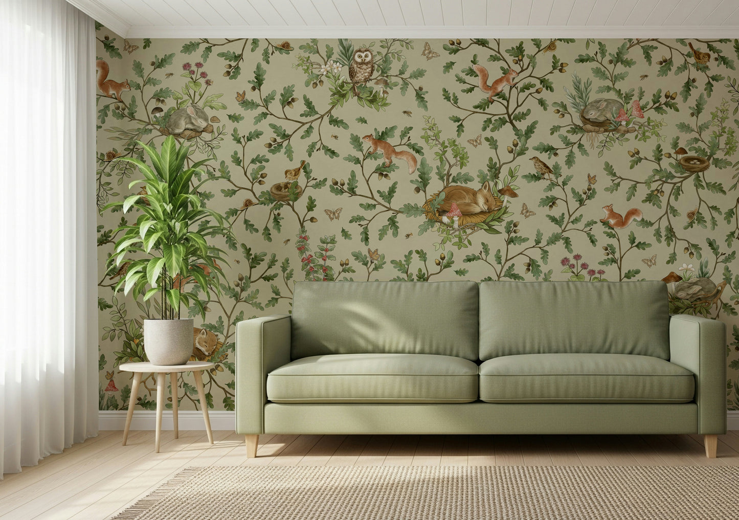 Whimsical woodland mural evoking cozy bedtime stories in a dreamy forest setting.