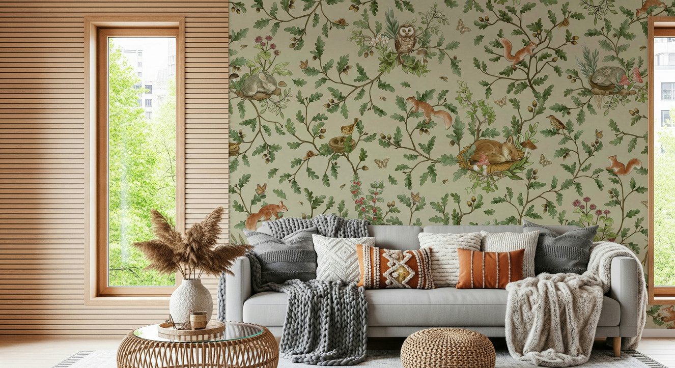 Woodland Naptime Tales Wall Mural featuring a gentle forest scene with soft pastel tones.