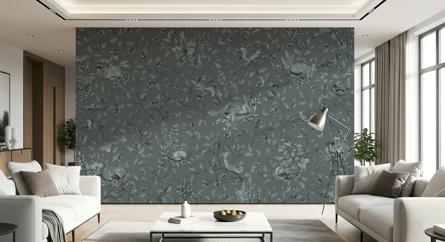 Peaceful forest mural inspired by early dawn hues and the calm of nature’s slumber.
