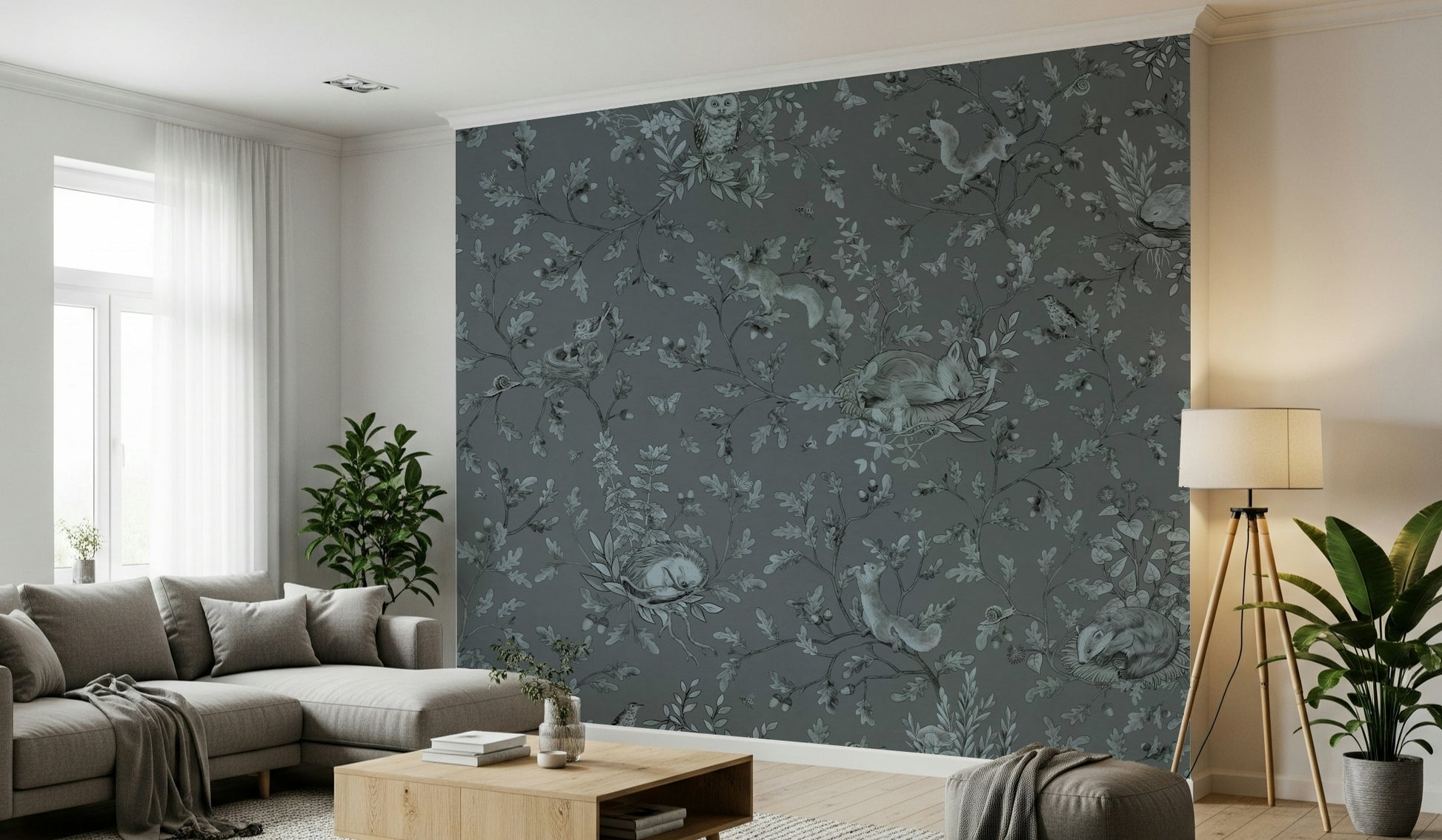 Tranquil wall mural with a forest scene that brings nature’s serenity indoors.