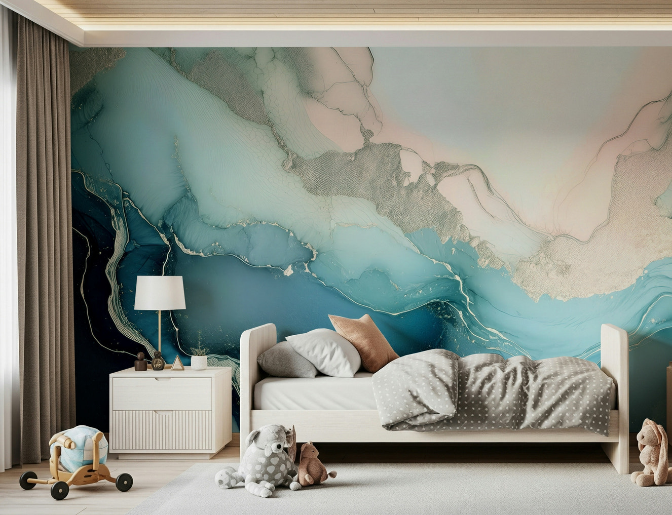 Mystic Mineral Layers Turquoise wall mural featuring rich turquoise mineral patterns with fluid marble textures.