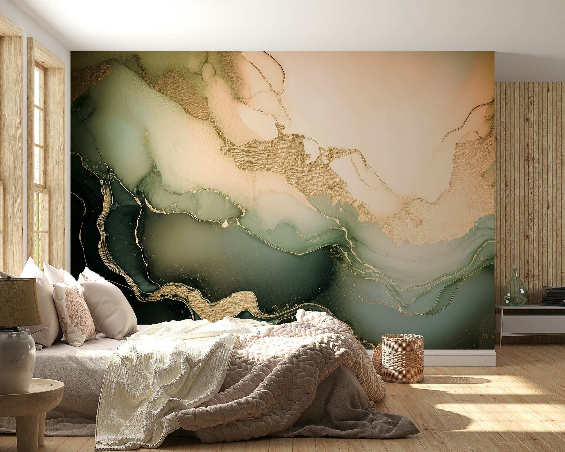 Calming mineral mural with layered stone effects in soft beige, gray, and cream tones.