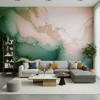 Contemporary marble-inspired mural with muted green and pink hues for a soft, organic look.