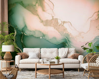 Abstract mineral-inspired mural with soft sage greens and rosy undertones for a serene atmosphere.