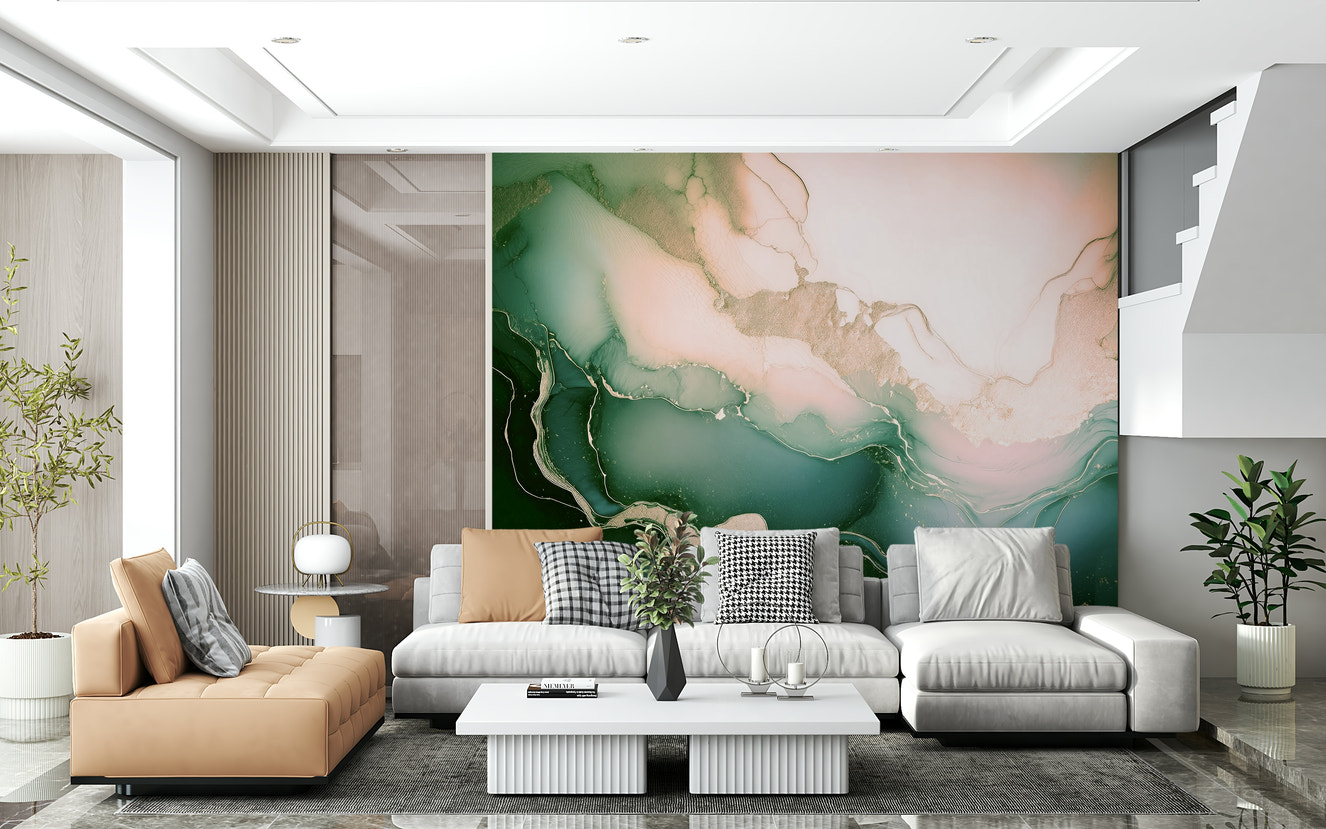 Soft Mineral Hues Sage-Rose wall mural featuring delicate mineral patterns in soothing green and blush tones.