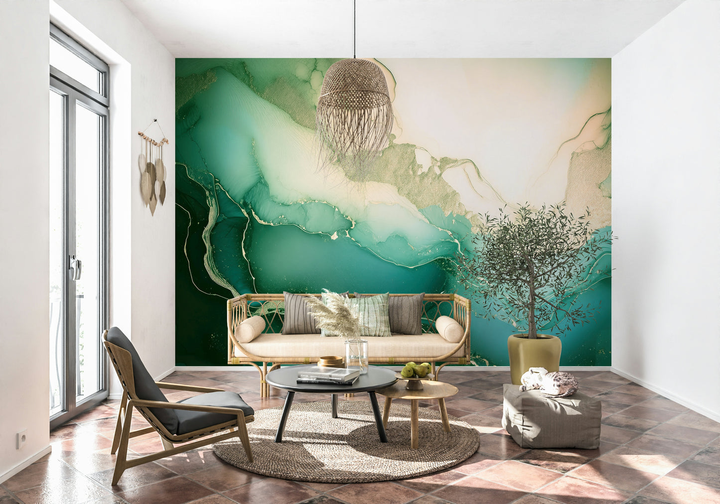 Luxurious marble-inspired wall mural with deep emerald tones and elegant fluid patterns.