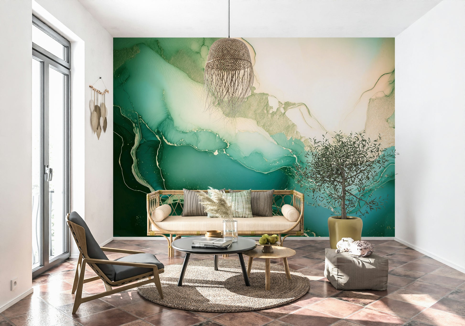 Luxurious marble-inspired wall mural with deep emerald tones and elegant fluid patterns.
