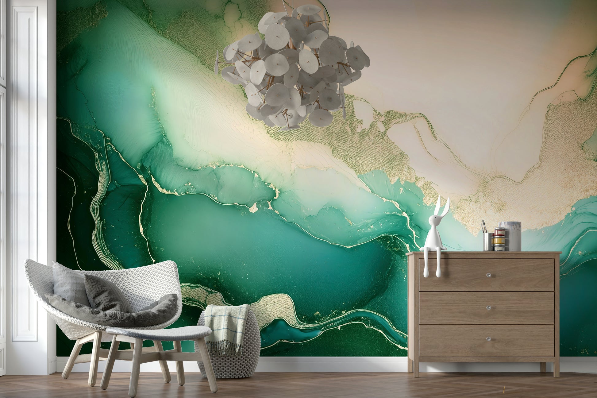 Emerald green marble wall mural with organic stone patterns and a polished, elegant look.