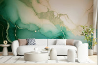 Modern wall mural showcasing swirling emerald hues and marble textures for sophisticated interiors.