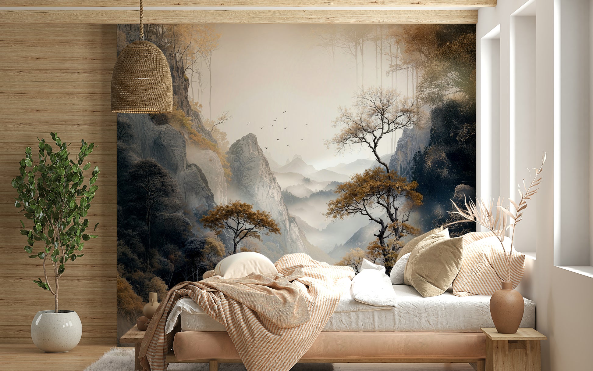 Golden Tree Serenity mural inspired by tranquil forests and soft golden sunrise tones.