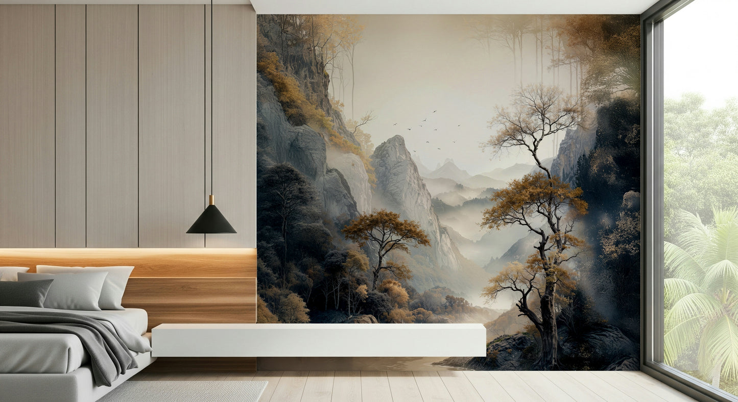 Artistic wall mural featuring golden tree silhouettes that add warmth and sophistication to décor.