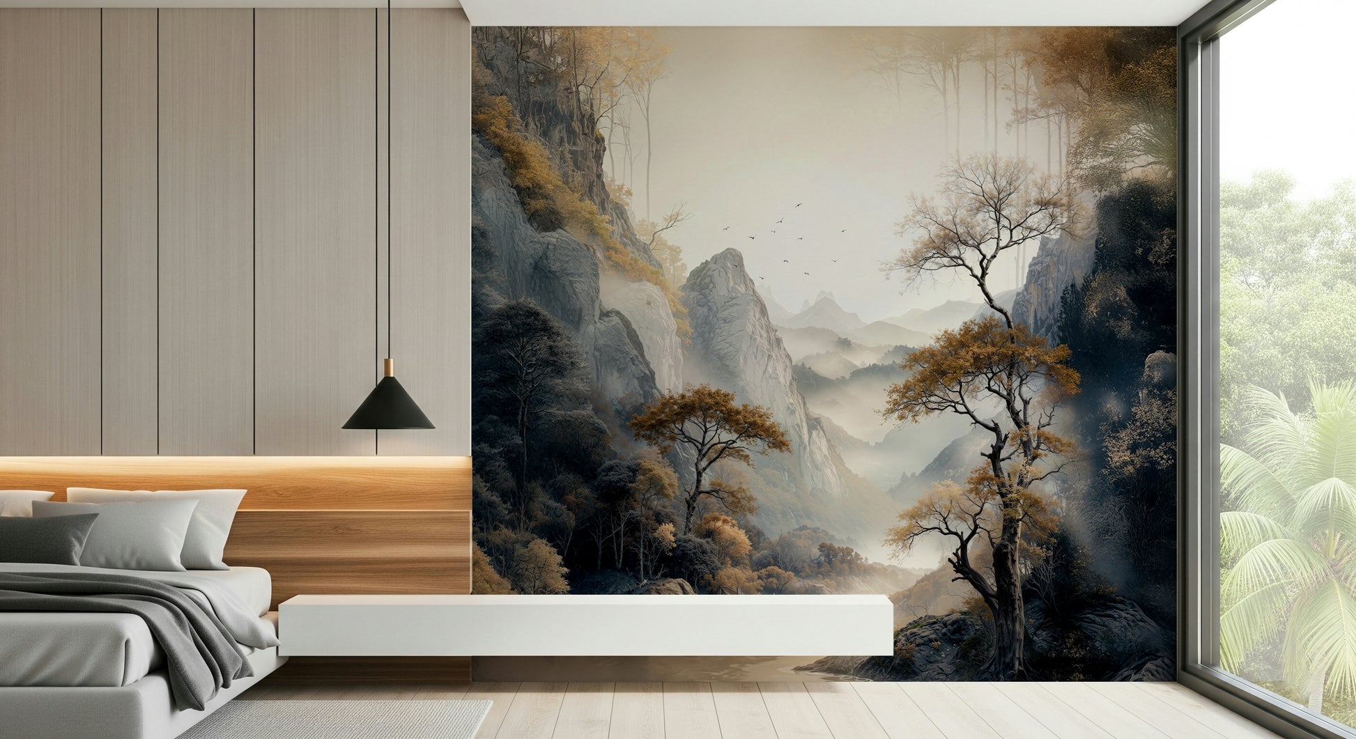 Artistic wall mural featuring golden tree silhouettes that add warmth and sophistication to décor.