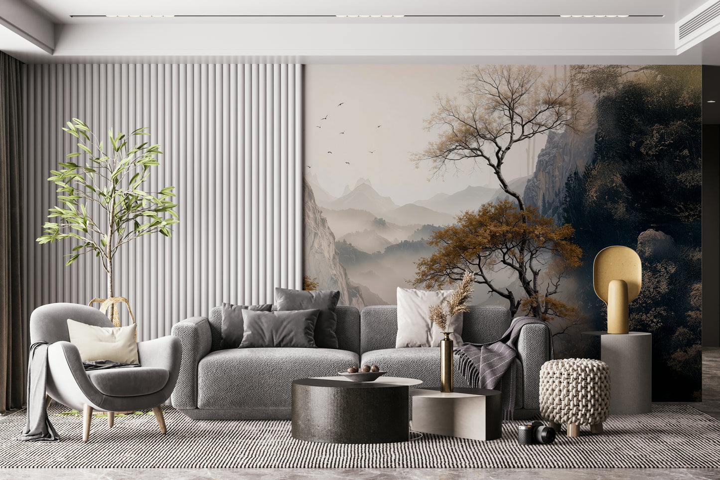 Nature-inspired mural showcasing majestic golden trees in a peaceful, dreamlike landscape.