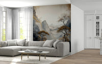 Golden Tree Serenity wall mural featuring radiant golden trees set against a tranquil, misty backdrop.