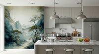 Scenic wall mural depicting a calm river nestled between rolling hills and natural greenery.