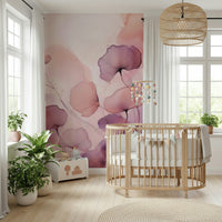 Romantic wall mural featuring soft pastel petals drifting gracefully across a misty background.