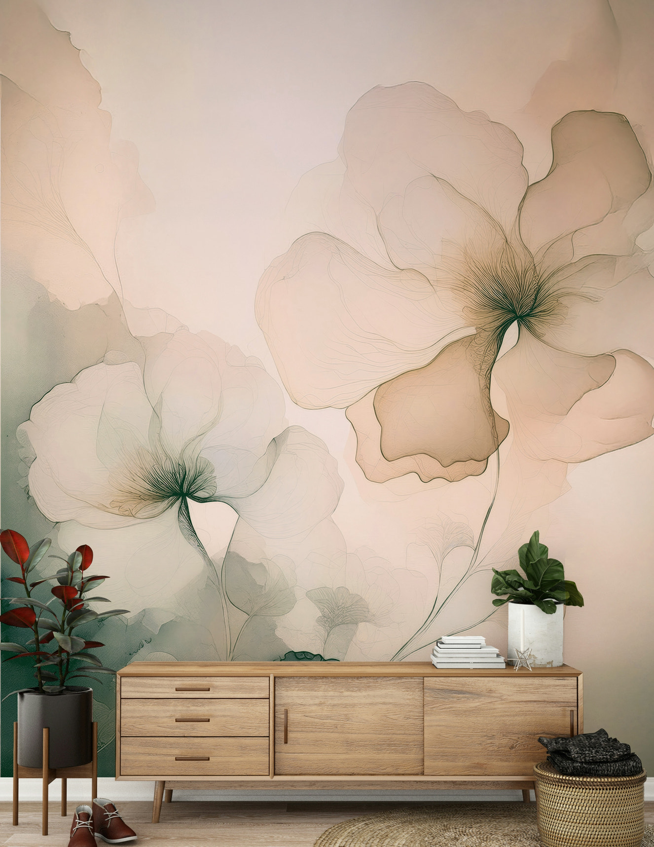 Soft Whispering Petals wall mural featuring delicate pastel blooms floating through a dreamy haze.