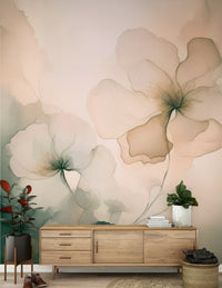 Soft Whispering Petals wall mural featuring delicate pastel blooms floating through a dreamy haze.