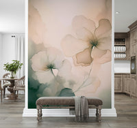 Watercolor-inspired wall mural with airy, overlapping petals evoking peace and sophistication.