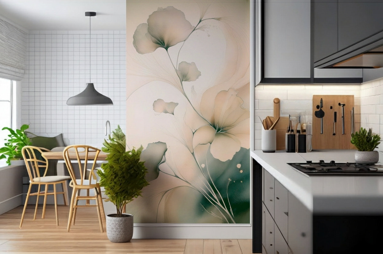 Soft Whispering Petals wall mural featuring delicate pastel blossoms drifting in a gentle haze.