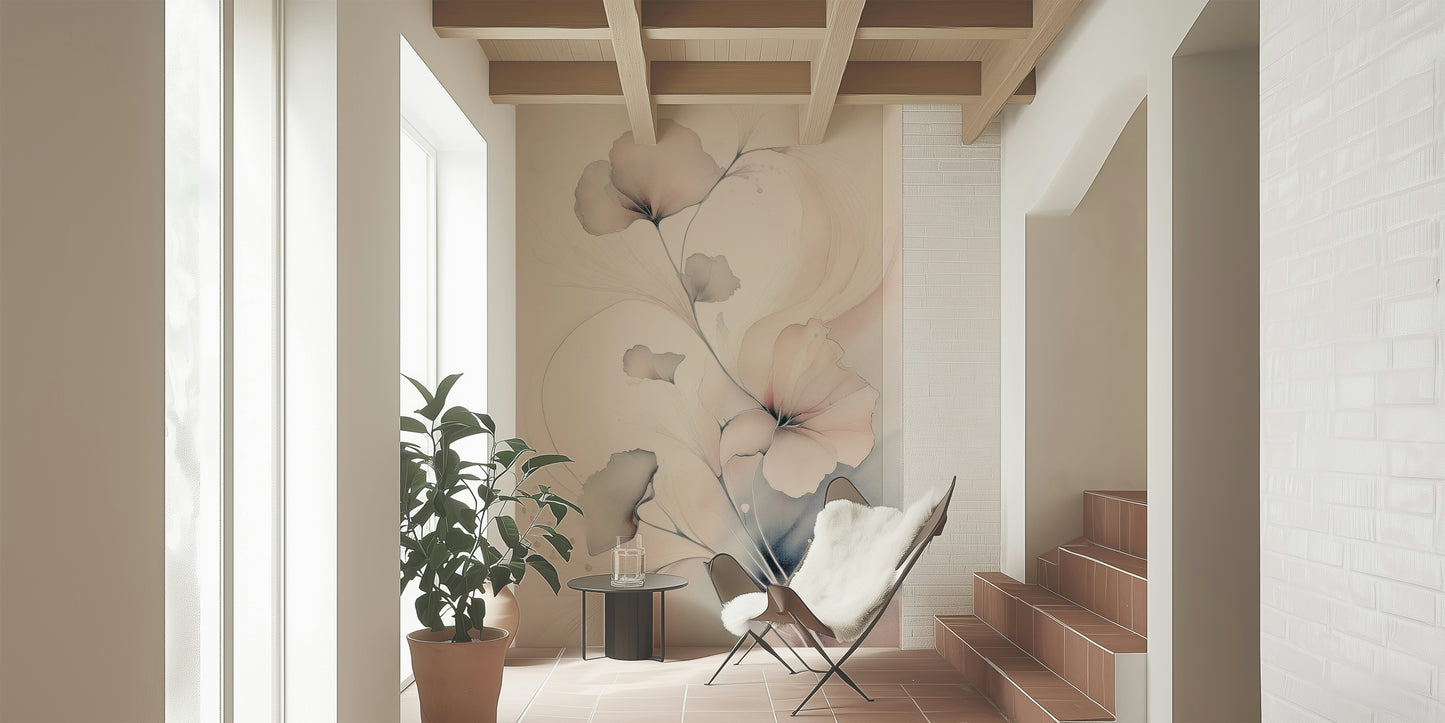 Floral wall mural showcasing delicate pastel petals drifting through a light, dreamlike haze.