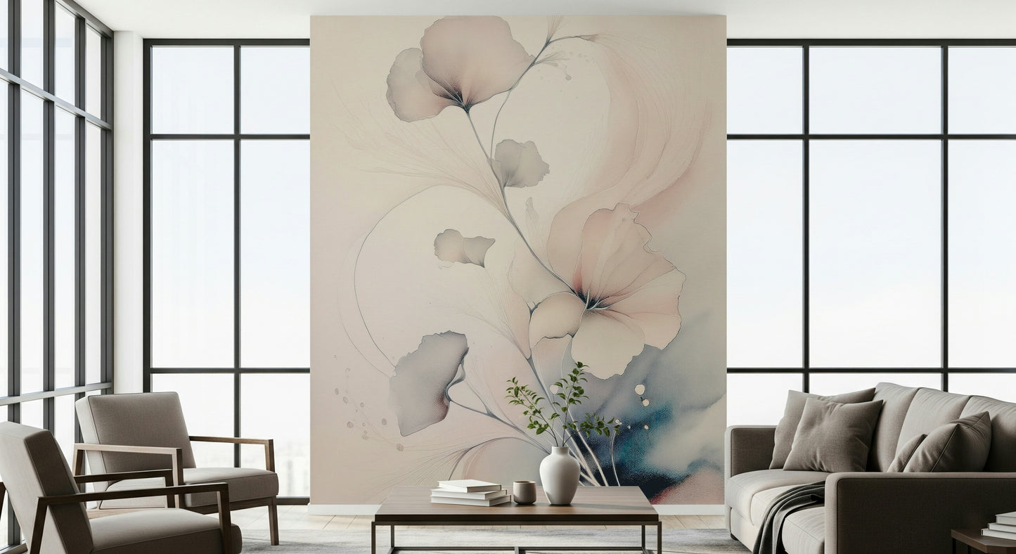 Elegant wall mural with pastel blossoms and dreamy textures for a serene, timeless interior look.