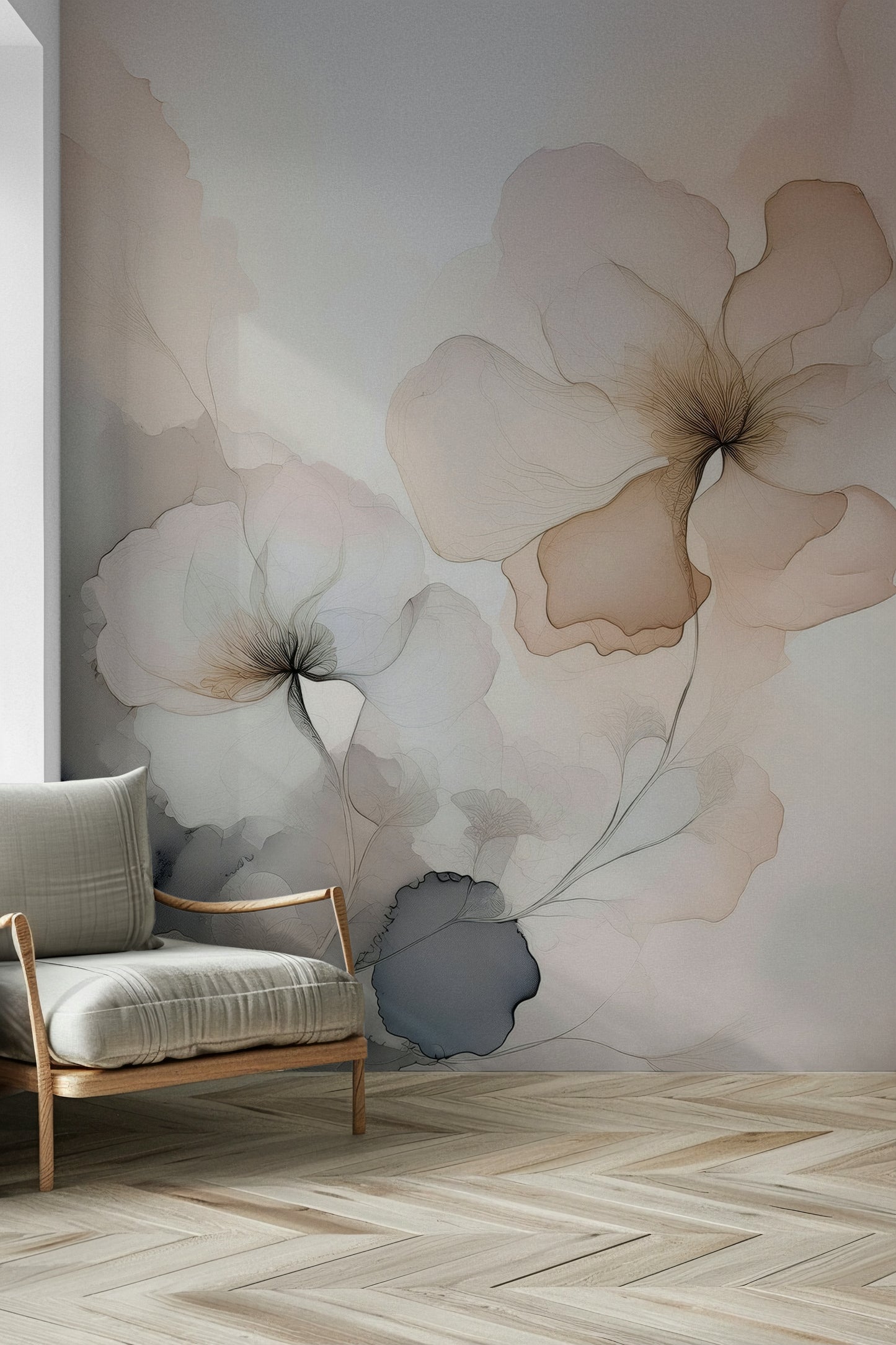 Soft watercolor-inspired floral mural blending delicate blooms and misty gradients.