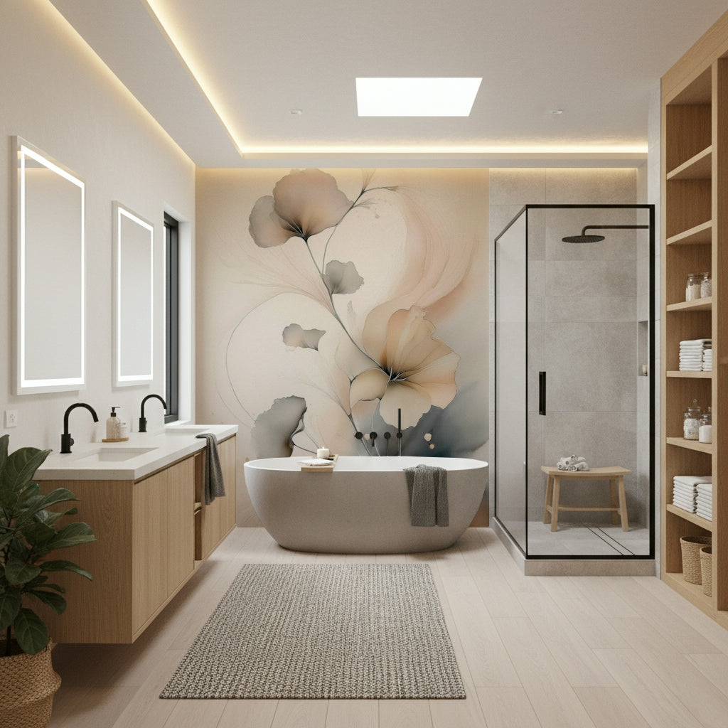 Romantic wall mural featuring delicate blooms in muted shades for a tranquil, ethereal effect.