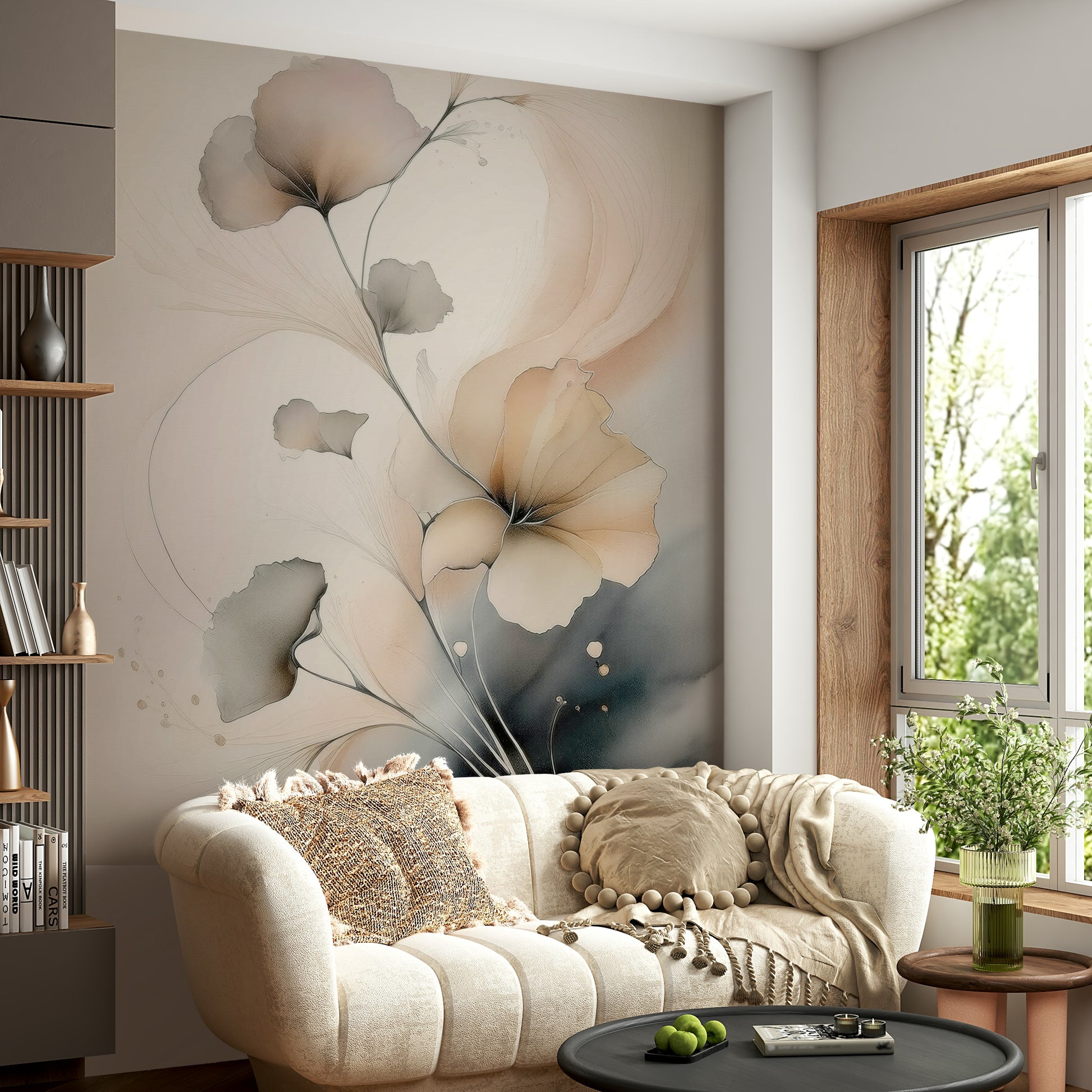 Soft watercolor-inspired mural showcasing blooming flowers for a serene and graceful interior look.