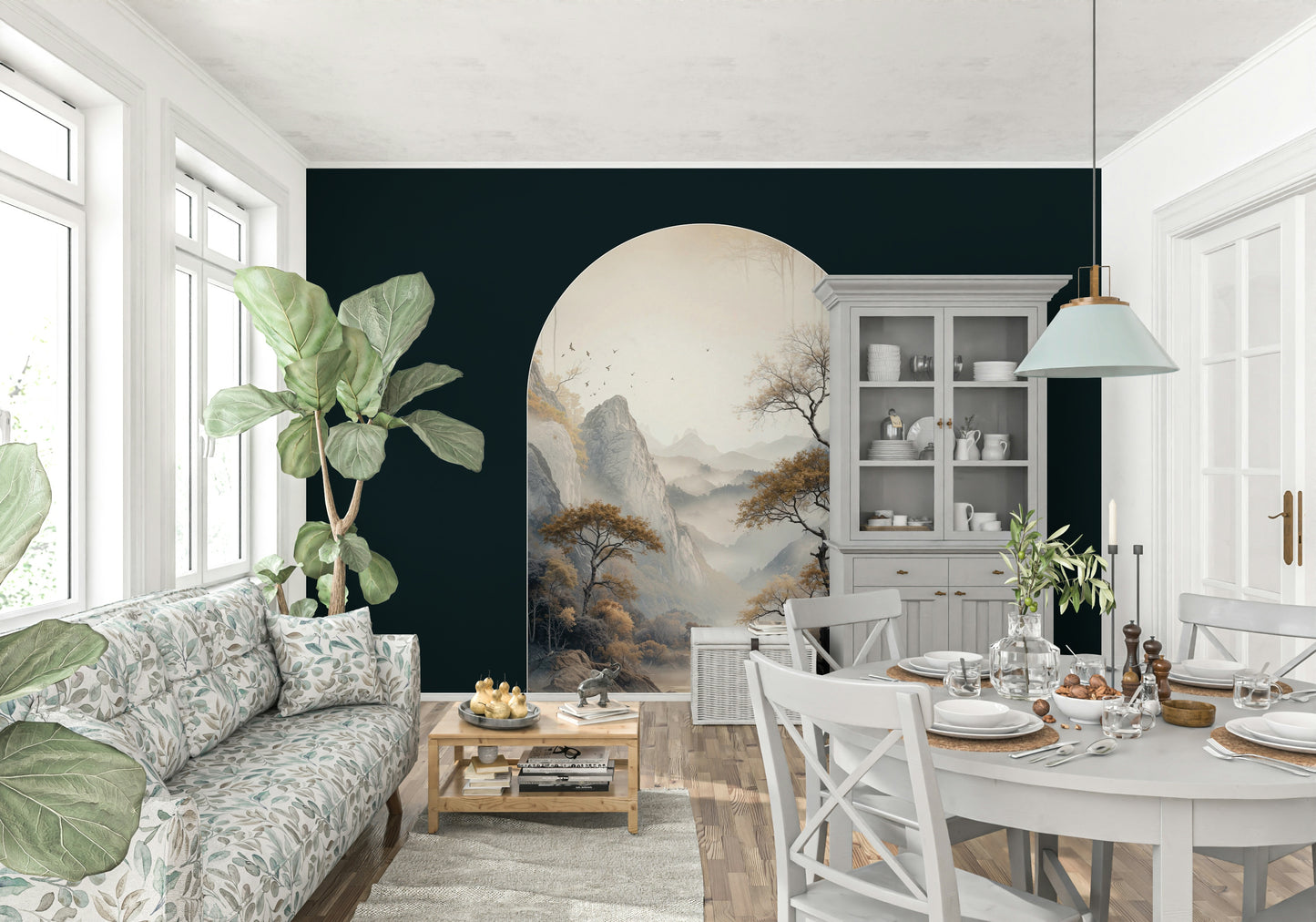 Golden tree mural with an arched composition creating a dreamy and majestic interior accent.