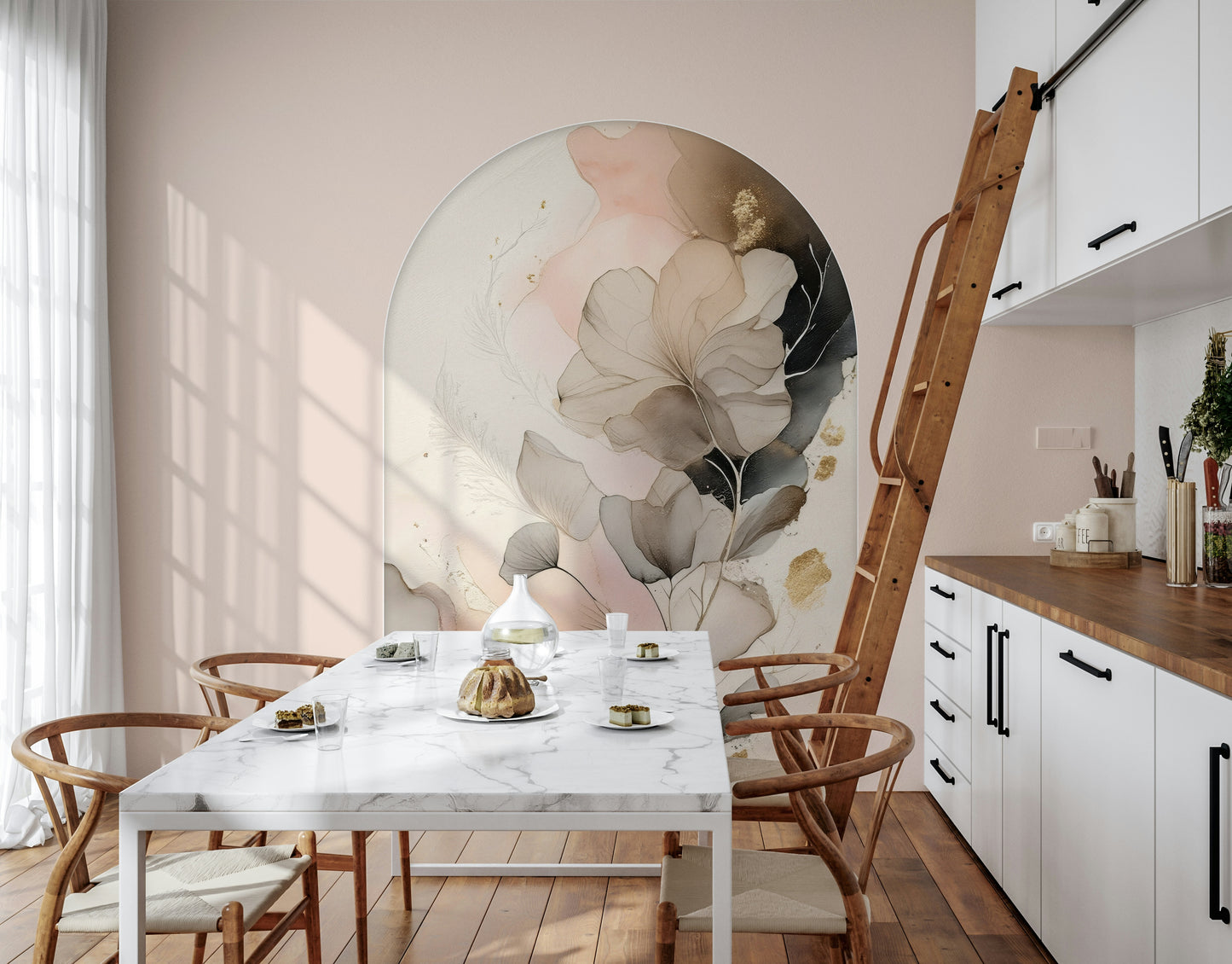 Floral-inspired wall mural in soothing shades of pink and beige for a serene, modern décor.