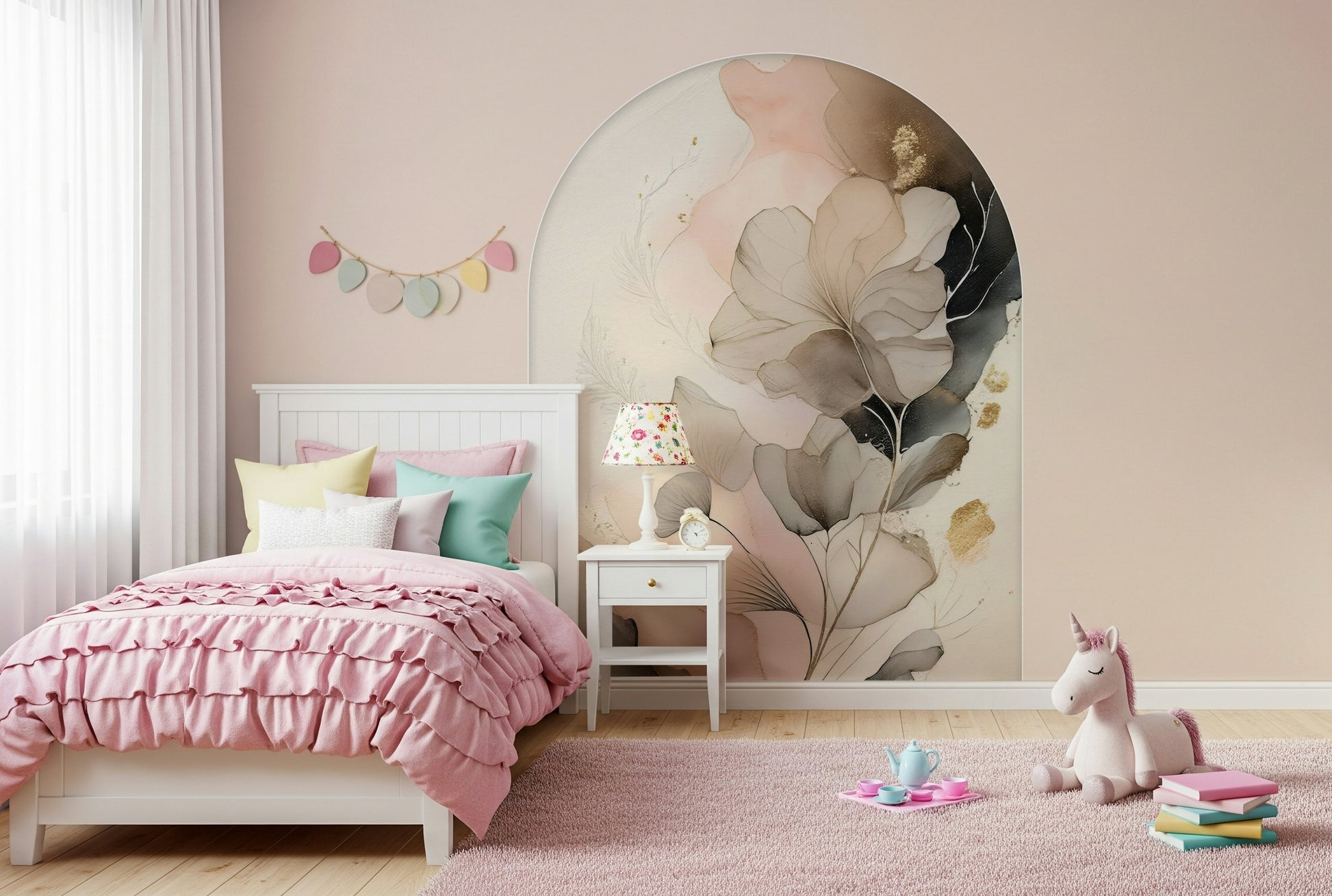 Soft Petal Serenity mural with watercolor florals creating a peaceful and graceful ambiance.