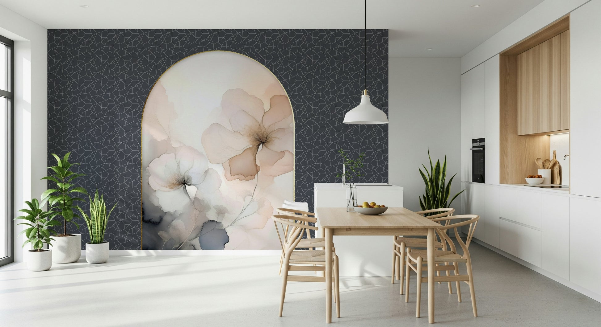 Elegant wall mural showcasing a floral archway in delicate hues for serene, timeless interiors.