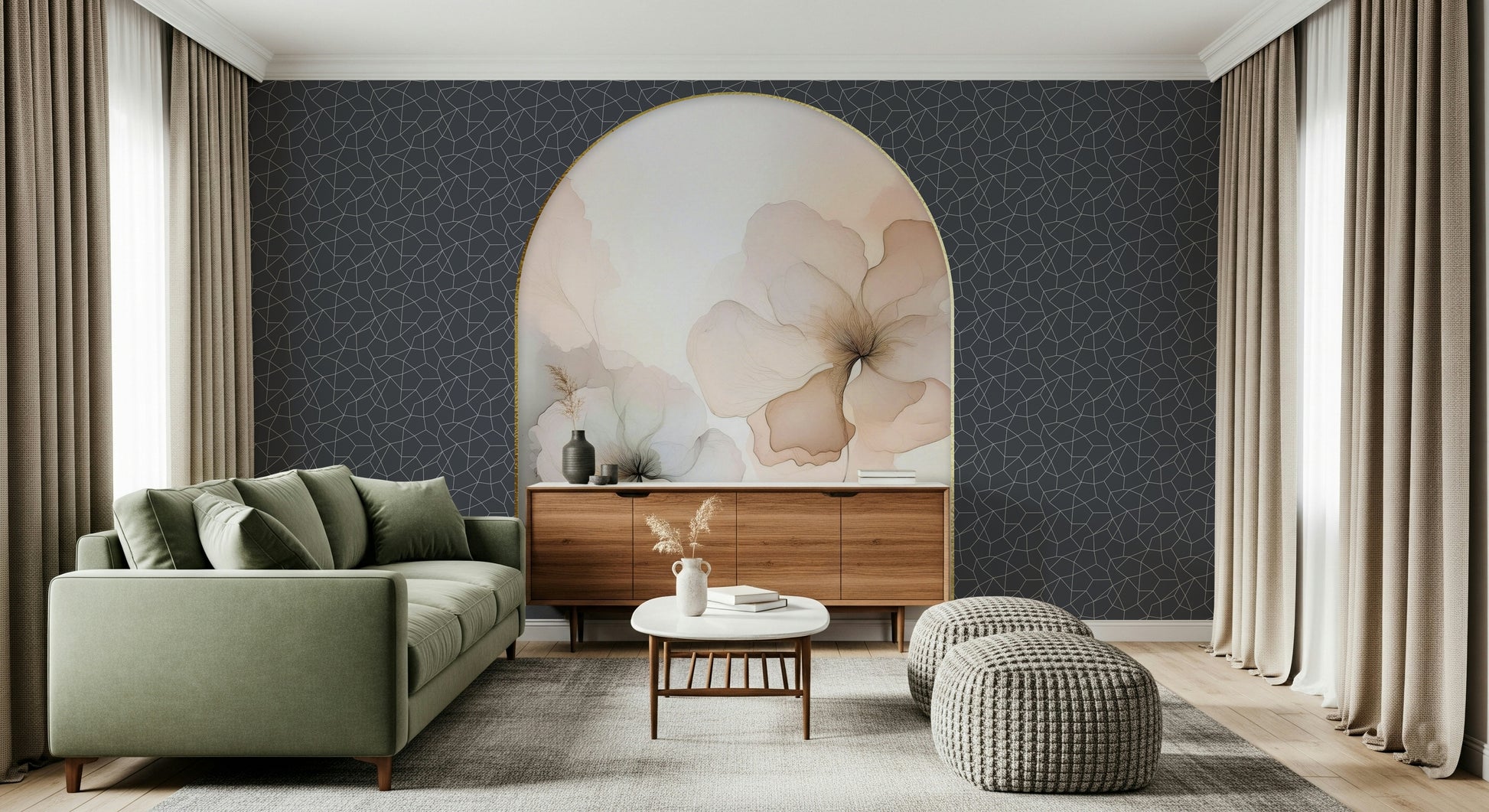 Floral arch mural with watercolor-inspired flowers and gentle gradients for a romantic look.