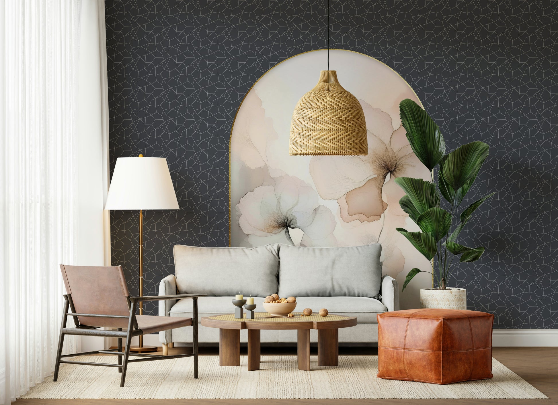 Dreamy Floral Archway wall mural featuring blooming flowers cascading over a graceful arch design.