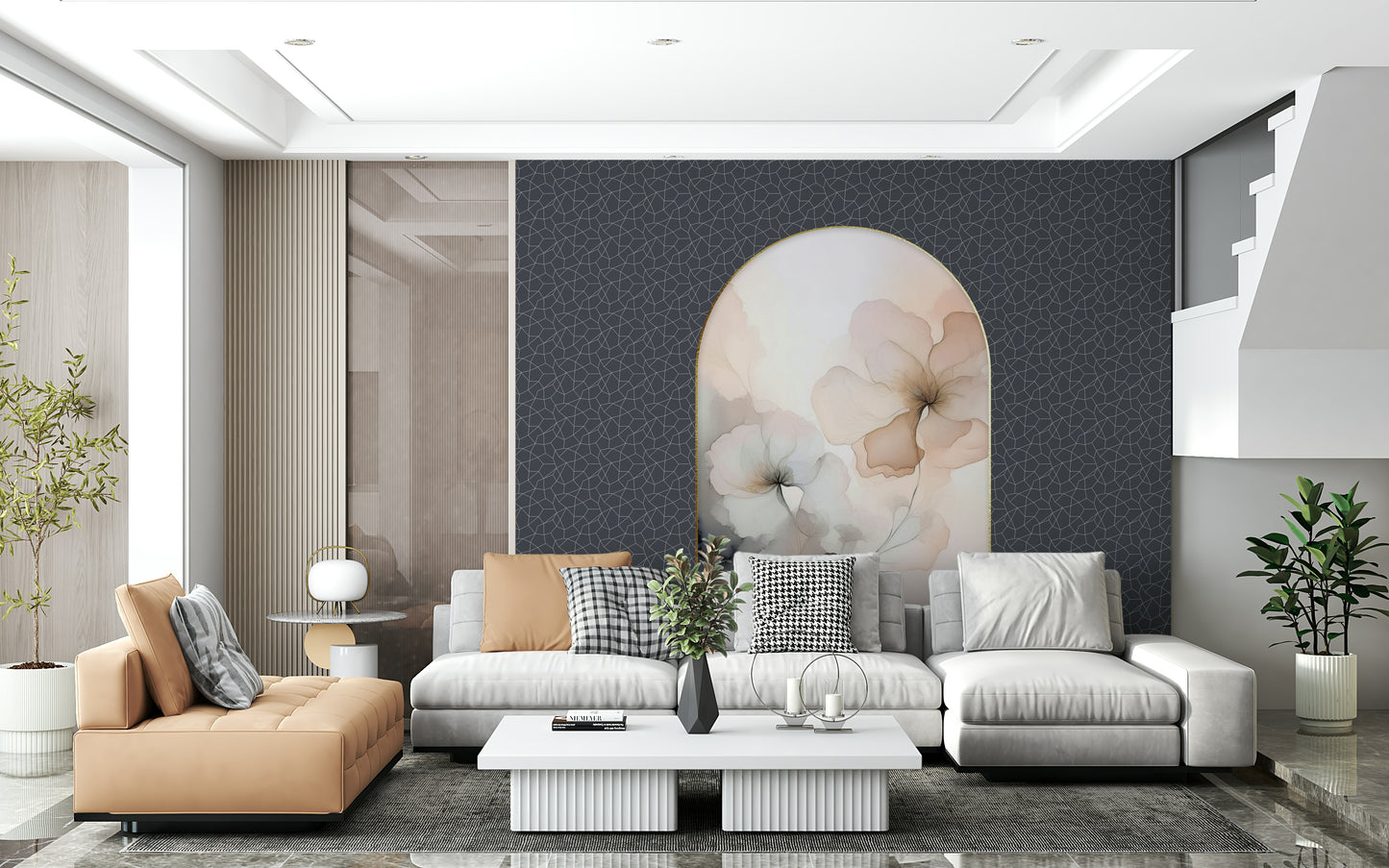 Elegant floral wall mural featuring an archway of blooming flowers for a soft, ethereal atmosphere.