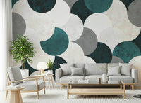 Geometric circle mural in a neutral palette, perfect for modern living or office interiors.