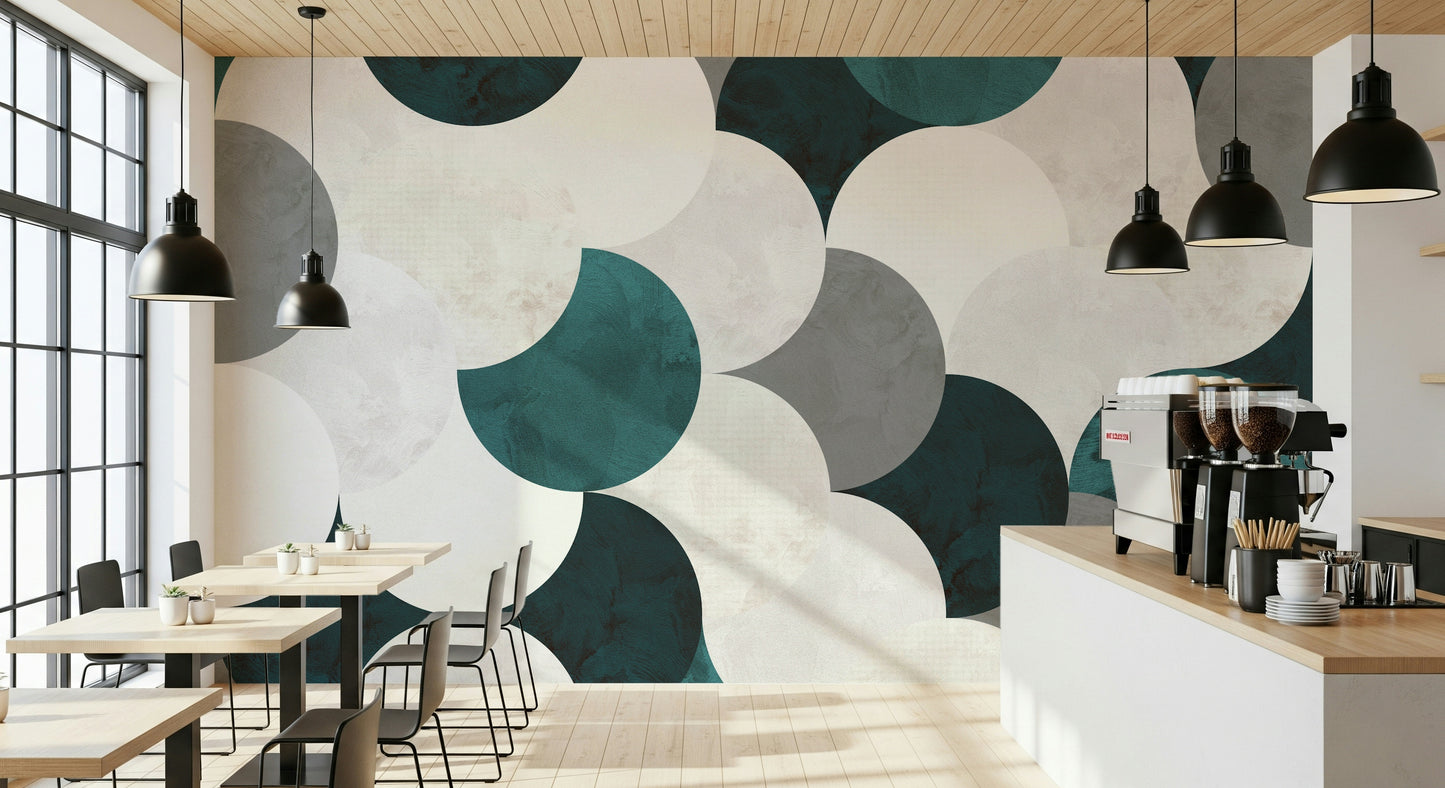 Modern abstract wall mural featuring layered circular shapes in balanced geometric design.