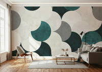 Contemporary abstract wall mural featuring circular geometry with artistic brush textures.