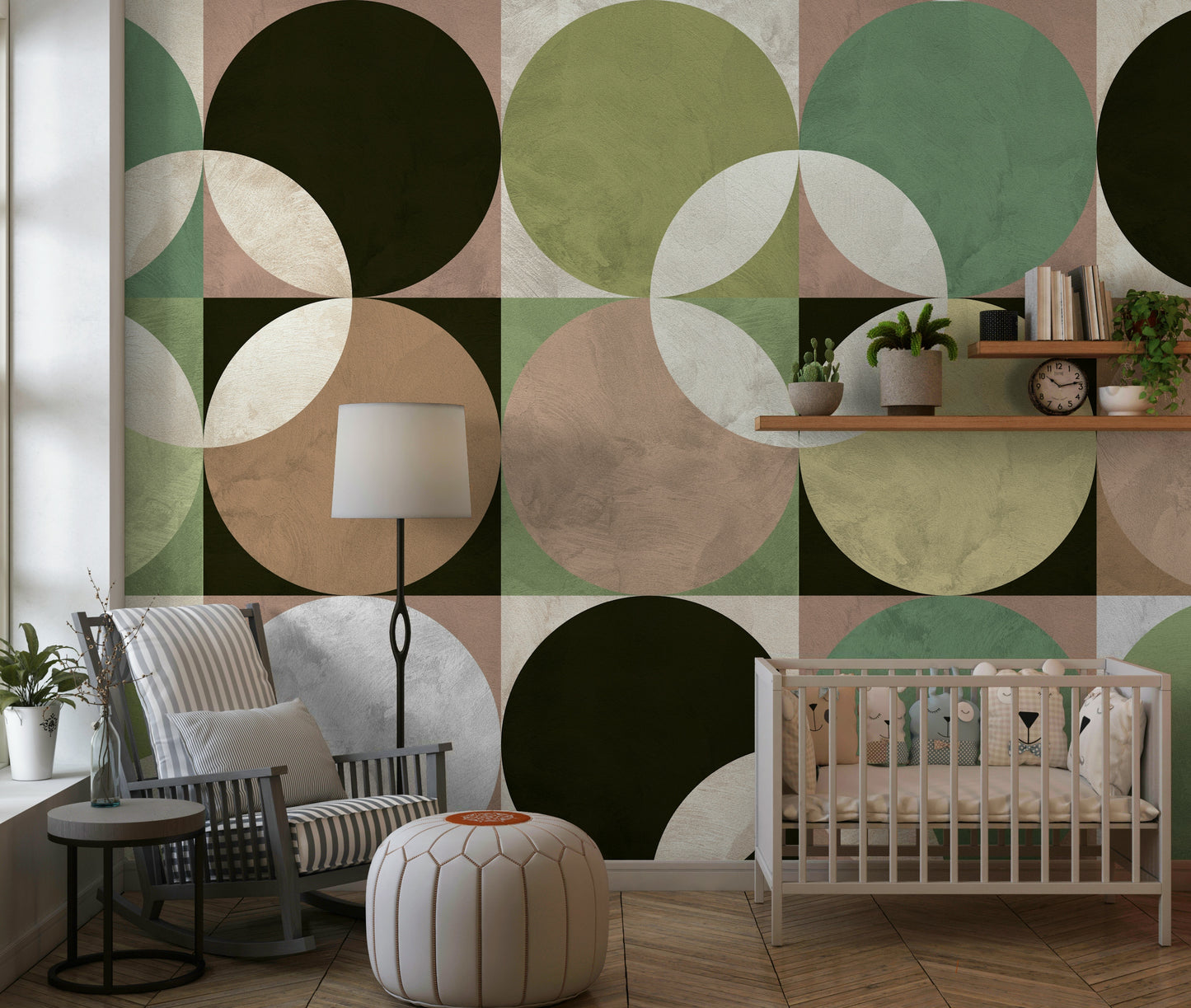Mid-century modern wall mural with colorful overlapping circles for a stylish retro look.